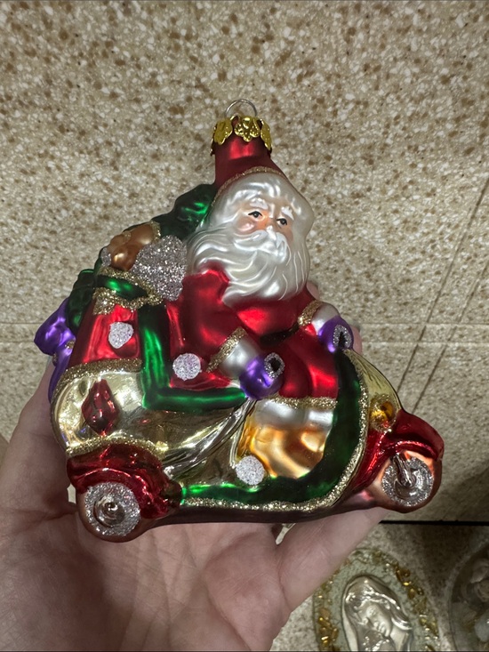 Festive Hand Blown Glass Santa Riding Scooter Vespa ornament